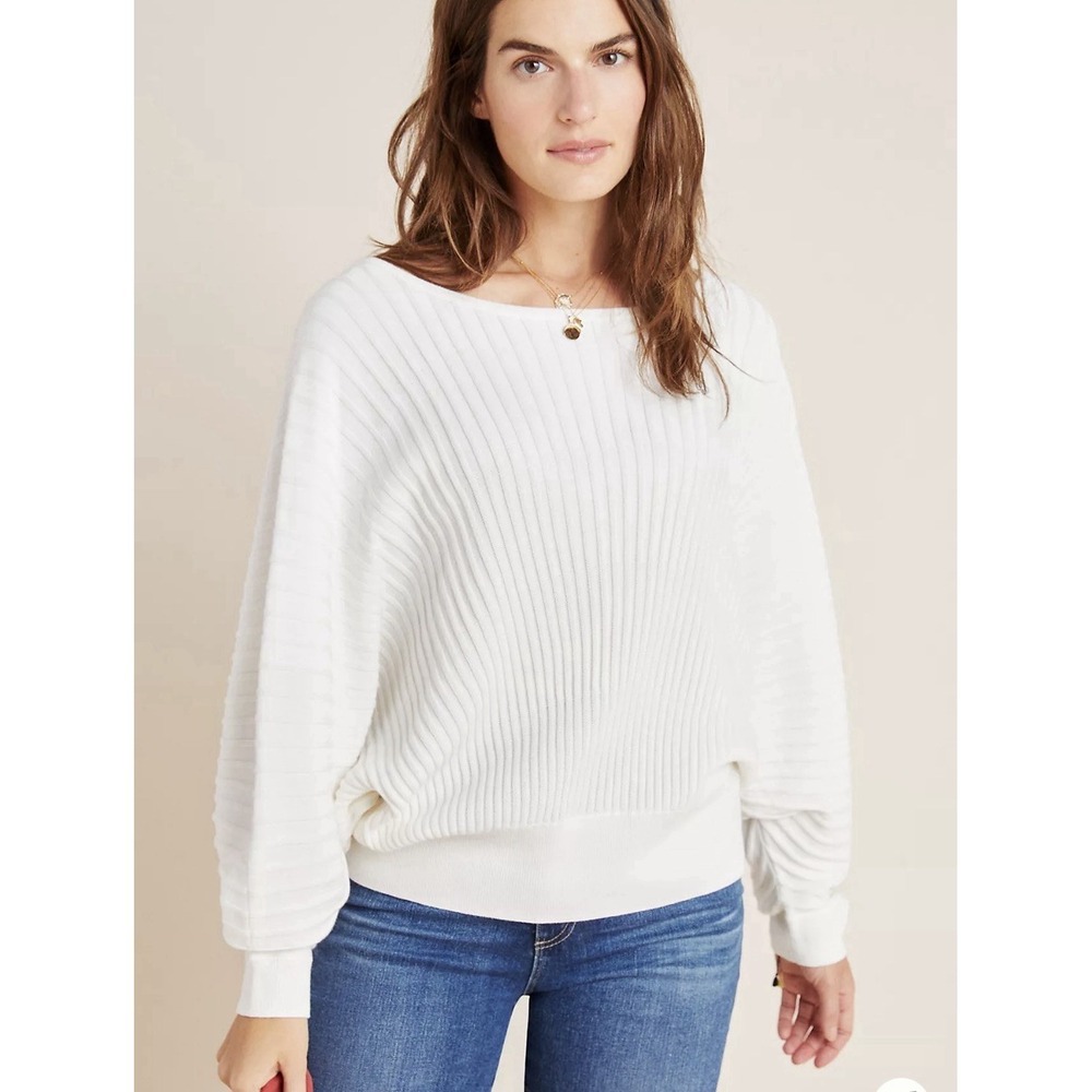 ANTHROPOLOGIE Cream Karla Ribbed Dolman Sleeve Boatneck Sweater Size S Relaxed